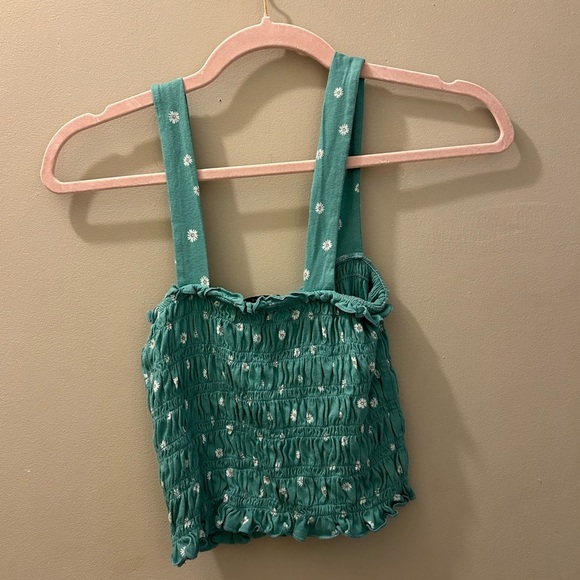American Eagle Outfitters Teal Daisy Smocked Crop Top - Picture 2 of 6